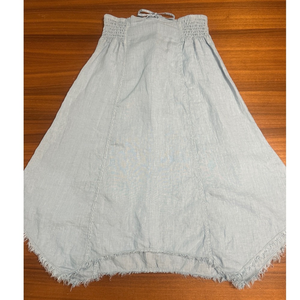 XCVI Midi Skirt 100% Linen Small Light Blue Smocked Frayed Hem Earthy Granola - Picture 3 of 9